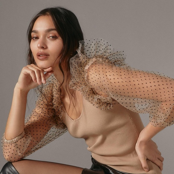 Anthropologie neutral top with sheer sleeves - Picture 2 of 7